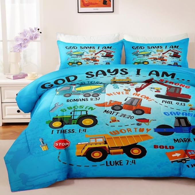 Boys Construction Vehicles Truck Comforter Set Full,Christian Kids God Says I Am Construction Bedding Set,Car Excavator Tractor Bedroom Set（1 Comforter 2 Pillowcase） Blue