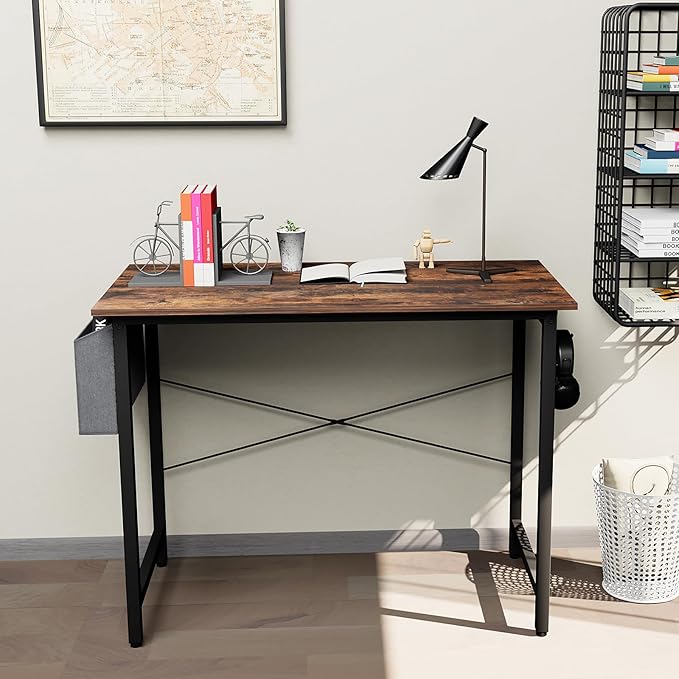 Small Computer Desk, 39 Inch Home Office Desks, Study Workstation PC Laptop Table with Storage Bag, Modern Simple Industrial Style Writing Desks