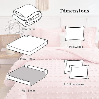 6 Pieces Tufted Dots Bed in a Bag Twin Comforter Set Girls Pink , Soft and Embroidery Shabby Chic Boho Bohemian Comforters, Luxury Solid Color with Pom Pom Design, Jacquard Tufts Bedding Set for Kids