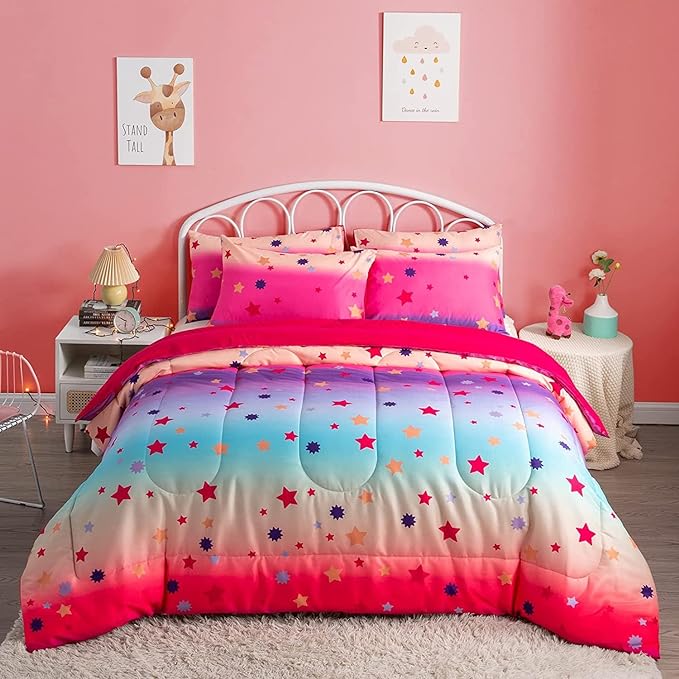 Twin/Twin XL Comforter Set for Girls Rainbow Bedding Set 2 Pieces with Multicolor Stars Pink Comforter Set Twin Size with Pillowcase for Kids, Teenagers