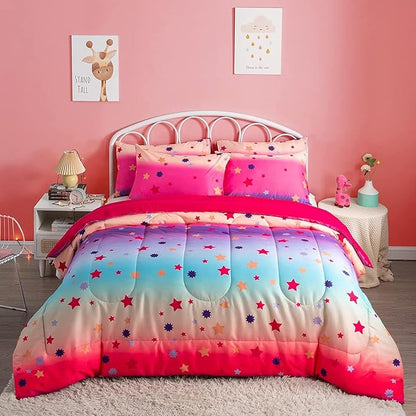 Twin/Twin XL Comforter Set for Girls Rainbow Bedding Set 2 Pieces with Multicolor Stars Pink Comforter Set Twin Size with Pillowcase for Kids, Teenagers