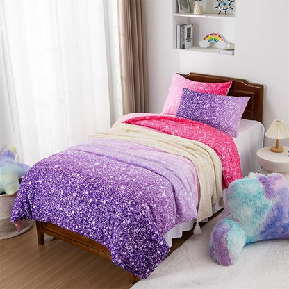 Holawakaka Kids Space Star Glitter Comforter Set Ombre Pink Purple Print Ombre Bedding Set Twin/Twin XL Size Girls Gradient Galaxy Dorm Bed Sets (Pink Purple,Twin)