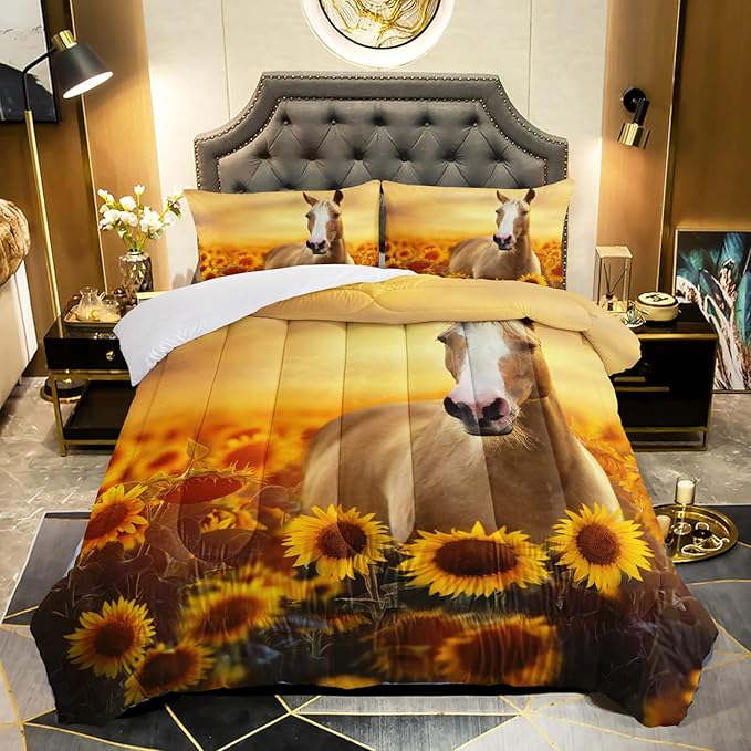 Horse Comforter Queen Size,Sunflower Horse Comforter Set for Kids Teens Girls Boys,3Pcs Bedding Set Printed Comforter with 2 Pillowcases,Soft and Lightweight，Queen Size