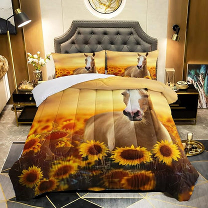 Horse Comforter Twin Size,Sunflower Horse Comforter Set for Kids Teens Girls Boys,3Pcs Bedding Set Printed Comforter with 2 Pillowcases,Soft and Lightweight，Twin Size