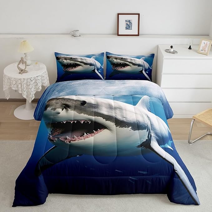 Kids Comforter Set for Boys Girls,3D Shark Fish Down Comforter 3 Piece Hawaiian Beach Theme Bedding Quilted Duvet Set Ocean Sea Animal Pattern Blue Duvet Insert for Toddler Teen Bedroom Decor,King