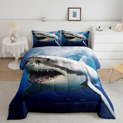 Kids Comforter Set for Boys Girls,3D Shark Fish Down Comforter 3 Piece Hawaiian Beach Theme Bedding Quilted Duvet Set Ocean Sea Animal Pattern Blue Duvet Insert for Toddler Teen Bedroom Decor,Full