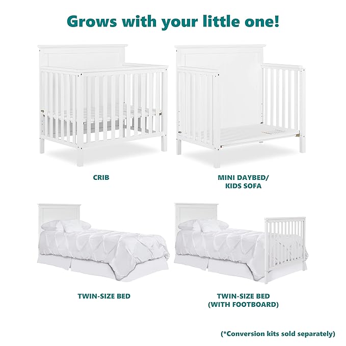Ava 4-in-1 Convertible Mini Crib in White, Greenguard Gold Certified, Non-Toxic Finish, Comes with 1" Mattress Pad, with 3 Mattress Height Settings