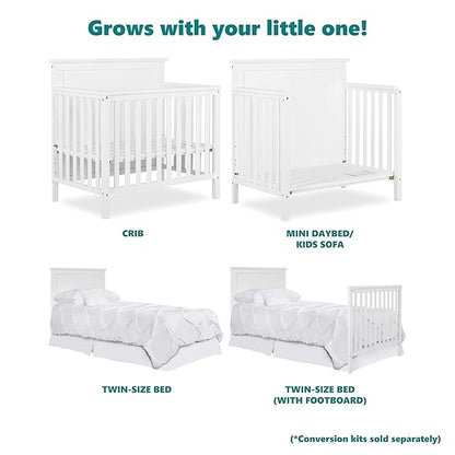 Ava 4-in-1 Convertible Mini Crib in White, Greenguard Gold Certified, Non-Toxic Finish, Comes with 1" Mattress Pad, with 3 Mattress Height Settings