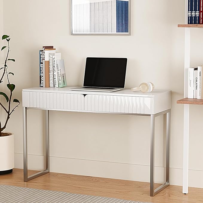 White Vanity Desk with 2 Drawers, Silver and White Desk,Home Office Desk Modern Makeup Vanity Table with Glossy Desktop,Writing Computer Standing Desk with Wood Top and Metal Legs