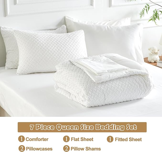 Queen Size Tufted Kids Comforter Set 7 Piece White Jacquard Tufts Embroidery Bedding Set for Boys Girls Bed in A Bag Quilt with 1 Comforter, 1 Flat Sheet, 1 Fitted Sheet, 2 Pillowcase, 2 Pillow Sham