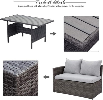 Solaste 7 Piece Patio Furniture Set, All Weather Wicker Patio Conversation Sets with Cushion Seat & Pillows, Outdoor Dining Set, Patio Furniture Outdoor Sectional, Grey
