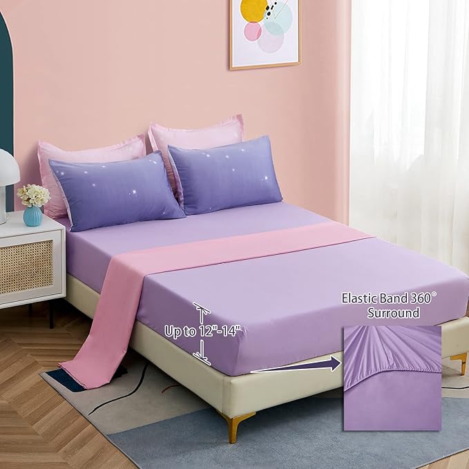 Girls Comforter Set Twin Size 6 Pieces Bed in A Bag Colorful Ombre Pink Purple Rainbow Bedding Set for Kids Teen (1 Comforter, 1 Flat Sheet, 1 Fitted Sheet, 1 Pillow sham, 2 Pillowcases)