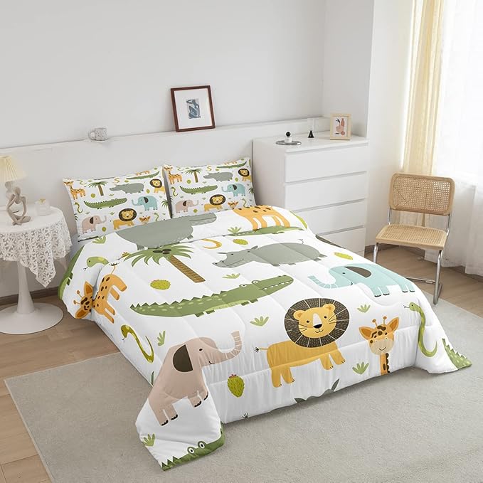 Wild Animals Comforter Set Safari Animals Print Comforter for Boys Girls Teens Cute Hippo Crocodile Lion Bedding Set Kids Cartoon Elephant Giraffe Duvet Set Room Decor Quilt Set Full Size