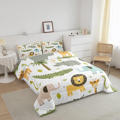 Feelyou Wild Animals Comforter Set Safari Animals Print Comforter for Boys Girls Teens Cute Hippo Crocodile Lion Bedding Set Kids Cartoon Elephant Giraffe Duvet Set Room Decor Quilt Set Twin Size