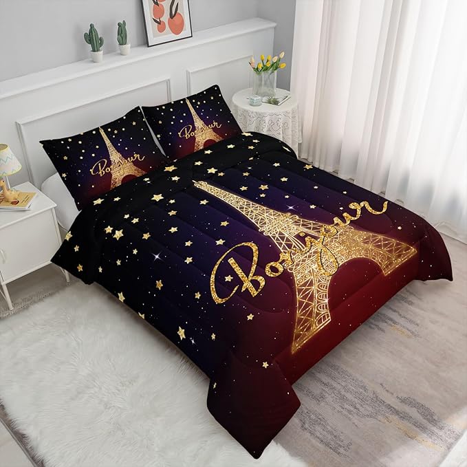 Datura home Kids Comforter Set Eiffel Tower Printed Pattern Bedding Set with 1 Comforter and 2 Pillowcases for Girls Boys Bedroom All Season(Tower Full)
