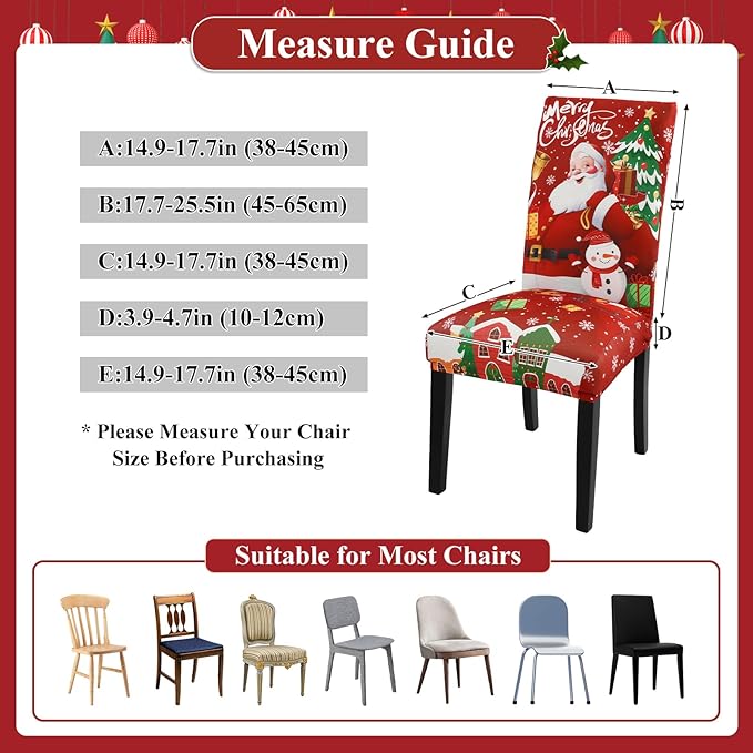U'Artlines Christmas Chair Covers Set of 4, Removable Washable Merry Christmas Dining Chair Seat Covers Stretch Protector Slipcovers for Dining Room Kitchen Holiday Party Decor, Santa Claus
