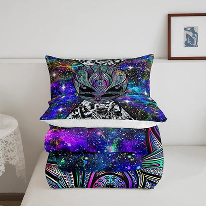 Feelyou Alien Printed Comforter Kids Galaxy Outer Space Themed Bedding Set Boys Girls Trippy Alien Hippie Skull Decor Comforter Set Colorful Tie Dye Quilted Duvet Bedroom Bed Set Full Size…
