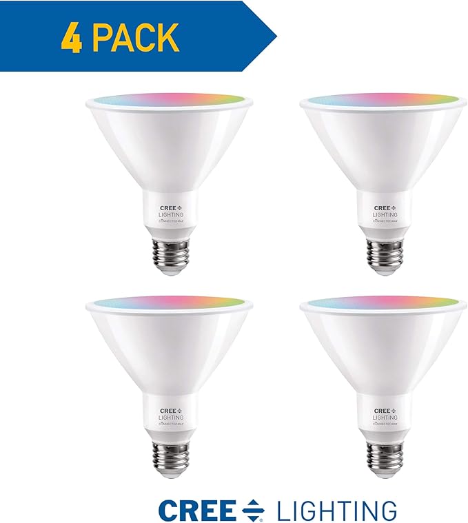 Cree Lighting Connected Max Smart Led Bulb Par38 Outdoor Flood Tunable White + Color Changing, 2.4 Ghz, Compatible with Alexa and Google Home, No Hub Required, Bluetooth + WiFi, Pack of 4