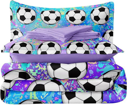 4 Piece Girls Soccer Bedding Set Twin Size Colorful Soccer Comforter Set for Teen Girls Kids Twin Bed in a Bag Set with Sheets Twin Bed Sets for Teenage