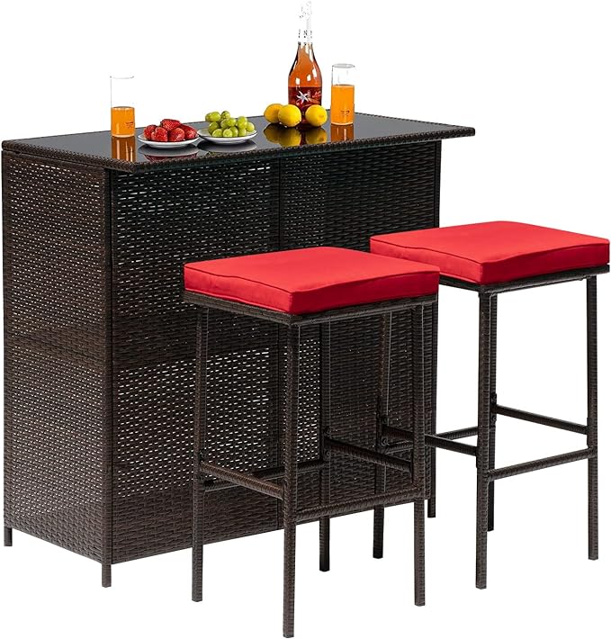 FDW Outdoor Furniture Set Wicker Bistro Set 3PCS Patio Bar Set with Two Stools for Patio Backyard Balcony,Red Cushion