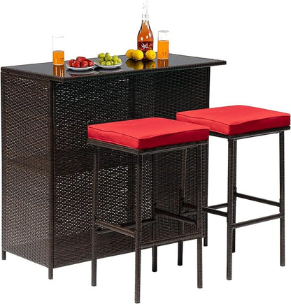 FDW Outdoor Furniture Set Wicker Bistro Set 3PCS Patio Bar Set with Two Stools for Patio Backyard Balcony,Red Cushion