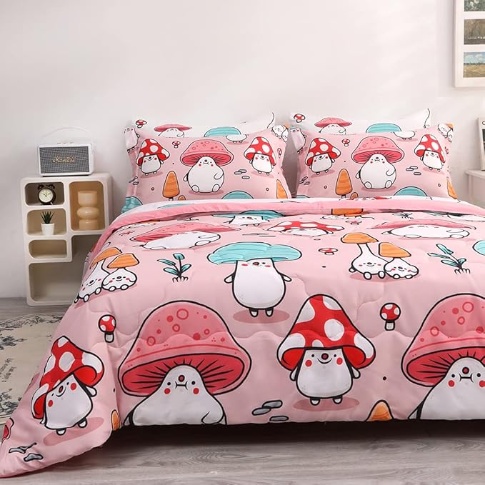 Wajade Kids Cute Mushroom Comforter Set Bed in A Bag Twin Size 7 Piece Pink Cartoon Mushroom Head Bedding Set for Girls (1 Comforter, 1 Flat Sheet, 1 Fitted Sheet, 2 Pillowcase and 2 Pillow Sham)