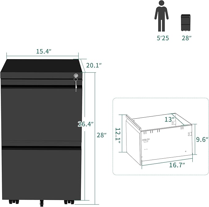 YITAHOME 2-Drawer Vertical File Cabinet with Lock, 20” Deep Mobile Metal Filing Cabinet for Legal/Letter Size, 20” Height Pre-Built Office Storage File Cabinet Except Wheels Under Desk - Black