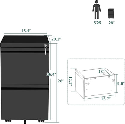 YITAHOME 2-Drawer Vertical File Cabinet with Lock, 20” Deep Mobile Metal Filing Cabinet for Legal/Letter Size, 20” Height Pre-Built Office Storage File Cabinet Except Wheels Under Desk - Black