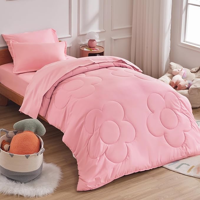 SLEEP ZONE Kids Pink Bedding Comforter Set Full/Queen Size - Super Cute & Soft Girls Bedding 7 Pieces Set with Comforter, Sheet, Pillowcase & Sham (Cinquefoil Pink)
