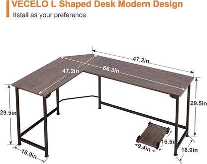 VECELO L Shaped Computer Corner Desk with CPU Stand/PC Laptop Study Writing Table for Home Office Workstation Wood & Metal, 66 in, Coffee + Black Leg
