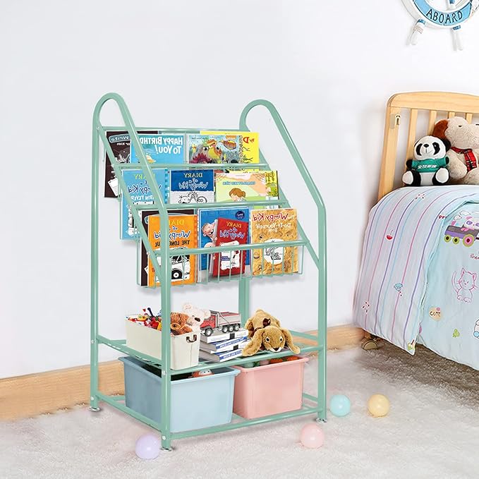 aboxoo Metal Kids Bookshelf Green Bookcase Freestanding for Children Room 24 in Toy Organizer Green Stable Bookcase Bookstore Library Book Unit Storage
