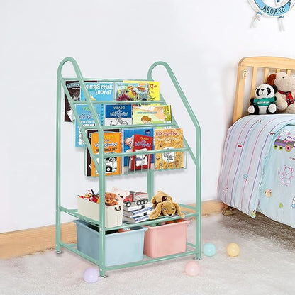 aboxoo Metal Kids Bookshelf Green Bookcase Freestanding for Children Room 24 in Toy Organizer Green Stable Bookcase Bookstore Library Book Unit Storage