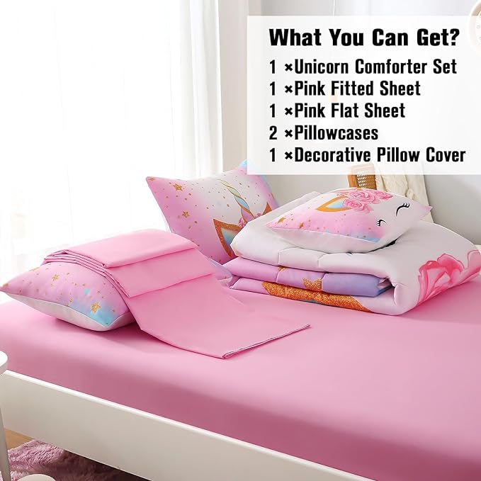 JQinHome Unicorn Queen Bedding Sets for Girls Kids,6 Piece Bed in A Bag 3D Colorful Flower Girl Unicorn Comforter Set(1 Comforter,2 Pillowcases,1 Flat Sheet,1 Fitted Sheet,1 Cushion Cover)