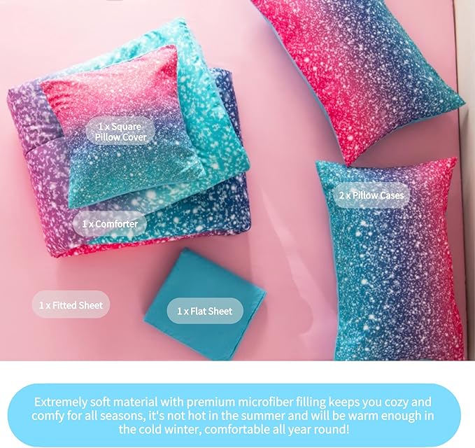 RYNGHIPY 6Pcs 3D Glitter Comforter Bedding Sets for Kids Teens Girls Women, Turquoise Blue Pink Rainbow Quilt Set Queen Size, Ultra Soft Reversible Bed in A Bag
