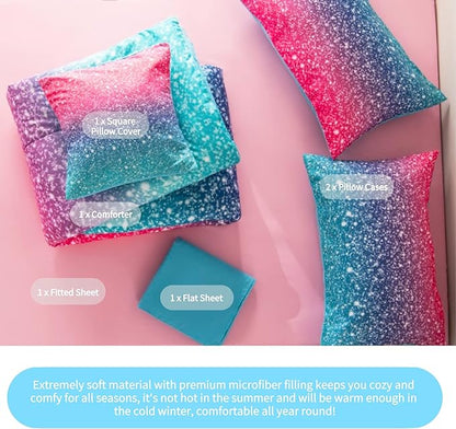 RYNGHIPY 6Pcs Gradient Glitter Comforter Sets for Teen Girls Full Size, Colorful Rainbow All-Season Coverlet Set, Ultra Soft Bedding Collections
