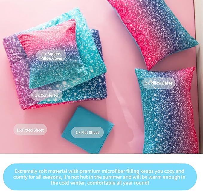 RYNGHIPY 6Pcs Gradient Glitter Bedding Set for Girls Twin Size, Colorful Rainbow All-Season Comforter Set, Ultra Soft Bedding Collections