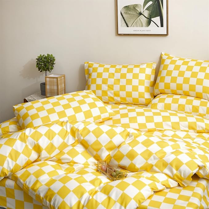 Yellow White Grid Comforter Set Cal King Yellow Plaid Bedding Set Women Yellow and White Checkered Bed Comforter Set Breathable Blanket Set Men Durable Bedding Comforter Set