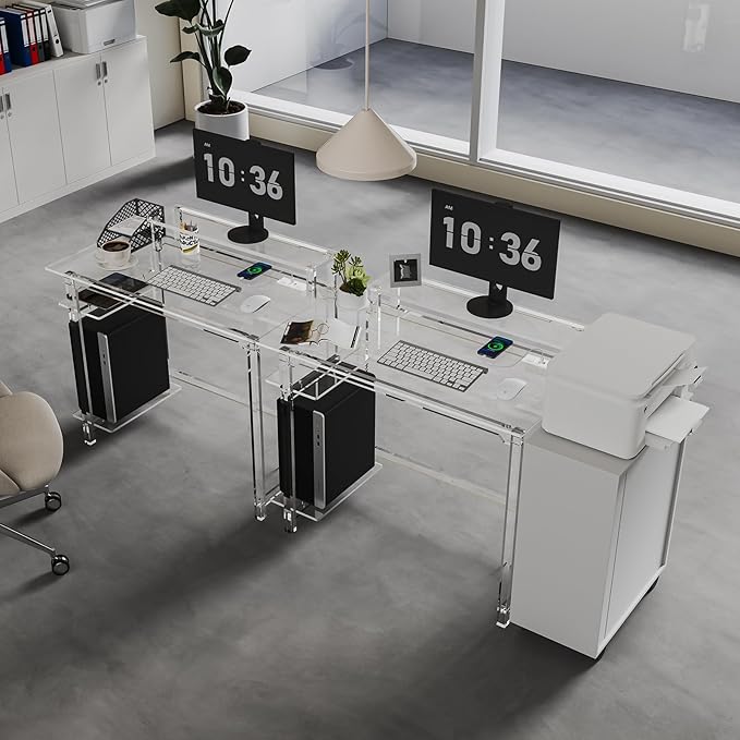 HMYHUM Acrylic Gaming Desk with LED Lights & Charging Station, Clear Computer Desk with Monitor Stand and Shelves, Home Office Desk with USB Ports & Outlet, 39.4" L x 19.7" W x 29.5" H