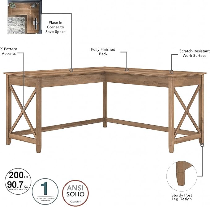Bush Furniture Key West 60W L Shaped Desk with 2 Drawer Mobile File Cabinet in Reclaimed Pine