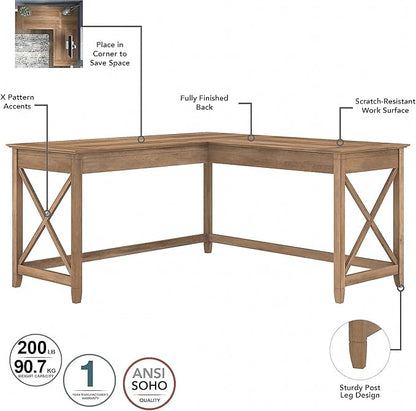 Bush Furniture Key West 60W L Shaped Desk with 2 Drawer Mobile File Cabinet in Reclaimed Pine