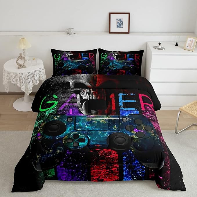 Gamer Bedding Sets for Boys, Gaming Down Comforter Full Size, Gamer Room Decor Bedding Kids Video Games Comforter Set, Sugar Skull Gamepad Bed Duvet Sets for Men Bedroom,with 2 Marble Pillow Sham