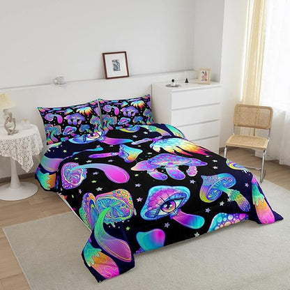 Mushroom Comforter Set King,Kawaii Trippy Botanical Bedding Set Psychedelic Plant Down Comforter for Kids Girls Teens Women Cartoon Cute Mushroom Room Decor Quilt Duvet Set with 2 Pillow Cases Black