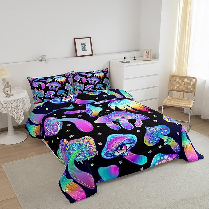 Mushroom Comforter Set Twin,Kawaii Trippy Botanical Bedding Set Psychedelic Plant Down Comforter For Kids Girls Teens Women Cartoon Cute Mushroom Room Decor Quilt Duvet Set With 1 Pillow Case Black