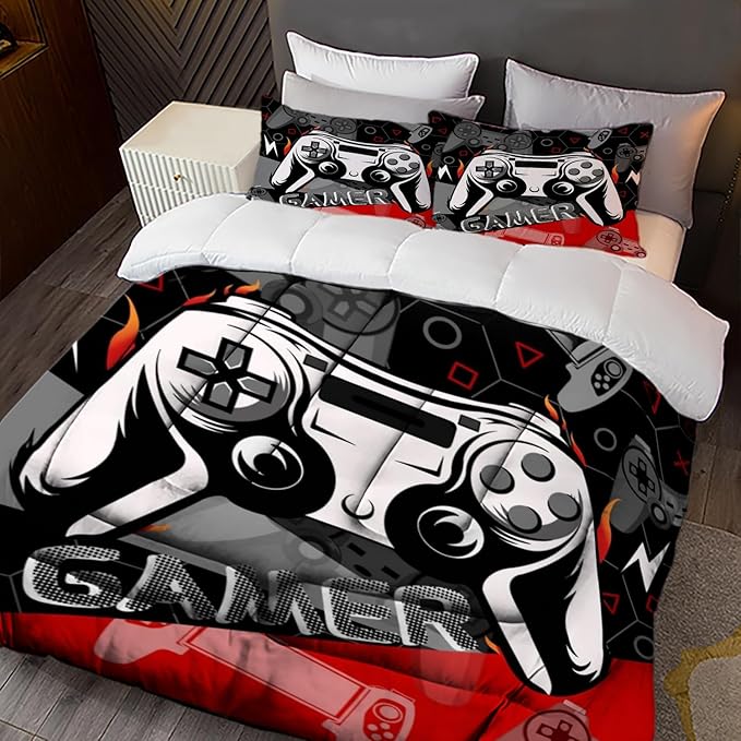 Sunnycitron Red Gamer Comforter Set for Boys Gaming Bedding Set Teens Game Room Decor Queen (1 Comforter + 2 Pillowcase)