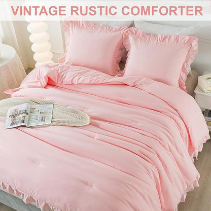 Andency Pink Comforter Set Queen Size, 3 Pieces Solid Pink Ruffle Shabby Chic Comforter Set for Queen Bed, All Season Vintage Rustic Soft Microfiber Bedding Set for Women Girls