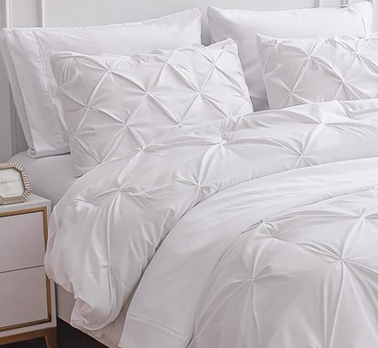 LANE LINEN Twin Comforter Set, 5 Piece Twin Bedding Sets, Ultra Soft Pintuck Twin Bed in a Bag Set with Down Alternative Comforter, Sheets, Pillowcase & Sham, Pinch Pleated Kids Bedding Set - White