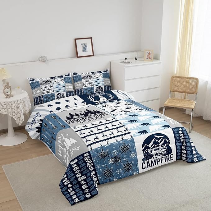 Erosebridal Happy Camping Bedding Set Queen Size for Boys Kids Teens, Camper Duvet Insert, Rustic Farmhouse Style Comforter Set, Sketch Drawing Camper Bedding, Camping Car Down Comforter, Blue