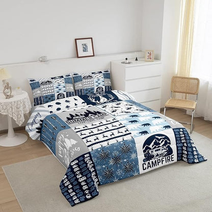 Erosebridal Happy Camping Bedding Set Queen Size for Boys Kids Teens, Camper Duvet Insert, Rustic Farmhouse Style Comforter Set, Sketch Drawing Camper Bedding, Camping Car Down Comforter, Blue