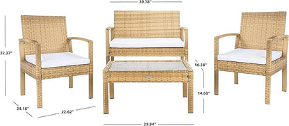 SAFAVIEH Outdoor Collection Bassey Natural/White Cushion 4-Piece Conversation Patio Set PAT7507D