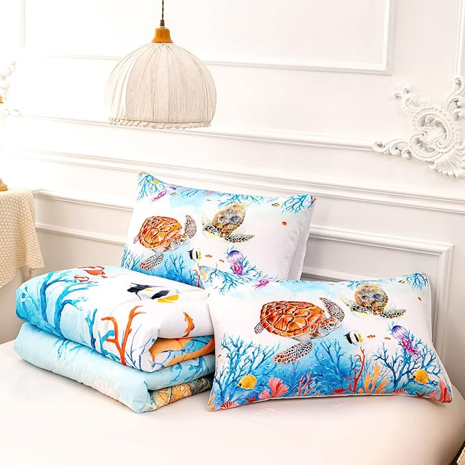 CVHOUSE Sea Turtle Comforter Set,Ocean Watercolor Sea Turtle Bedding Set for Kids Teens,Ocean Sea Turtle Comforter Sea Turtle Duvet Set Room Decor Quilt Set Queen Size